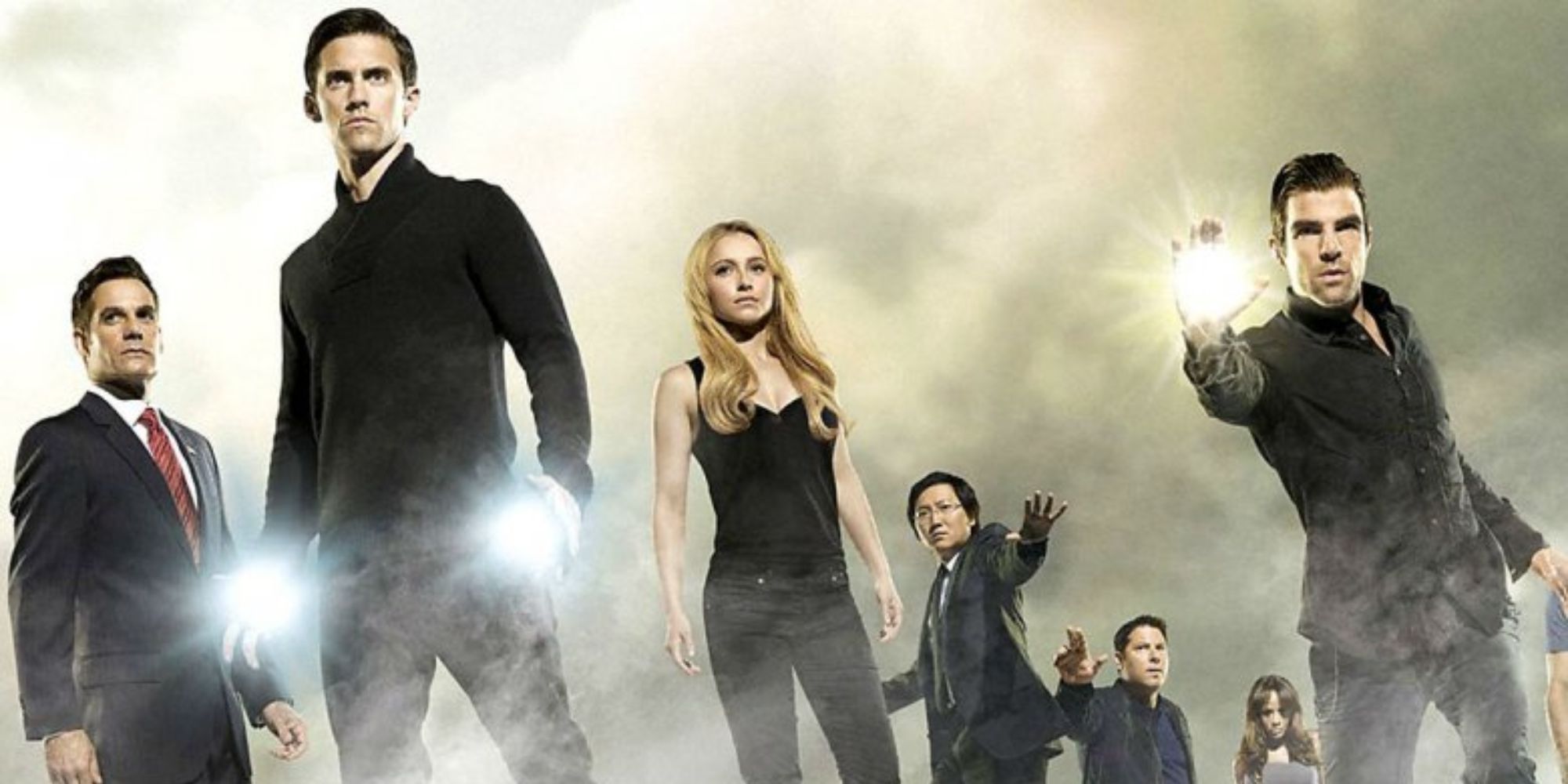 The main characters of the series Heroes on the promotional image for the series.