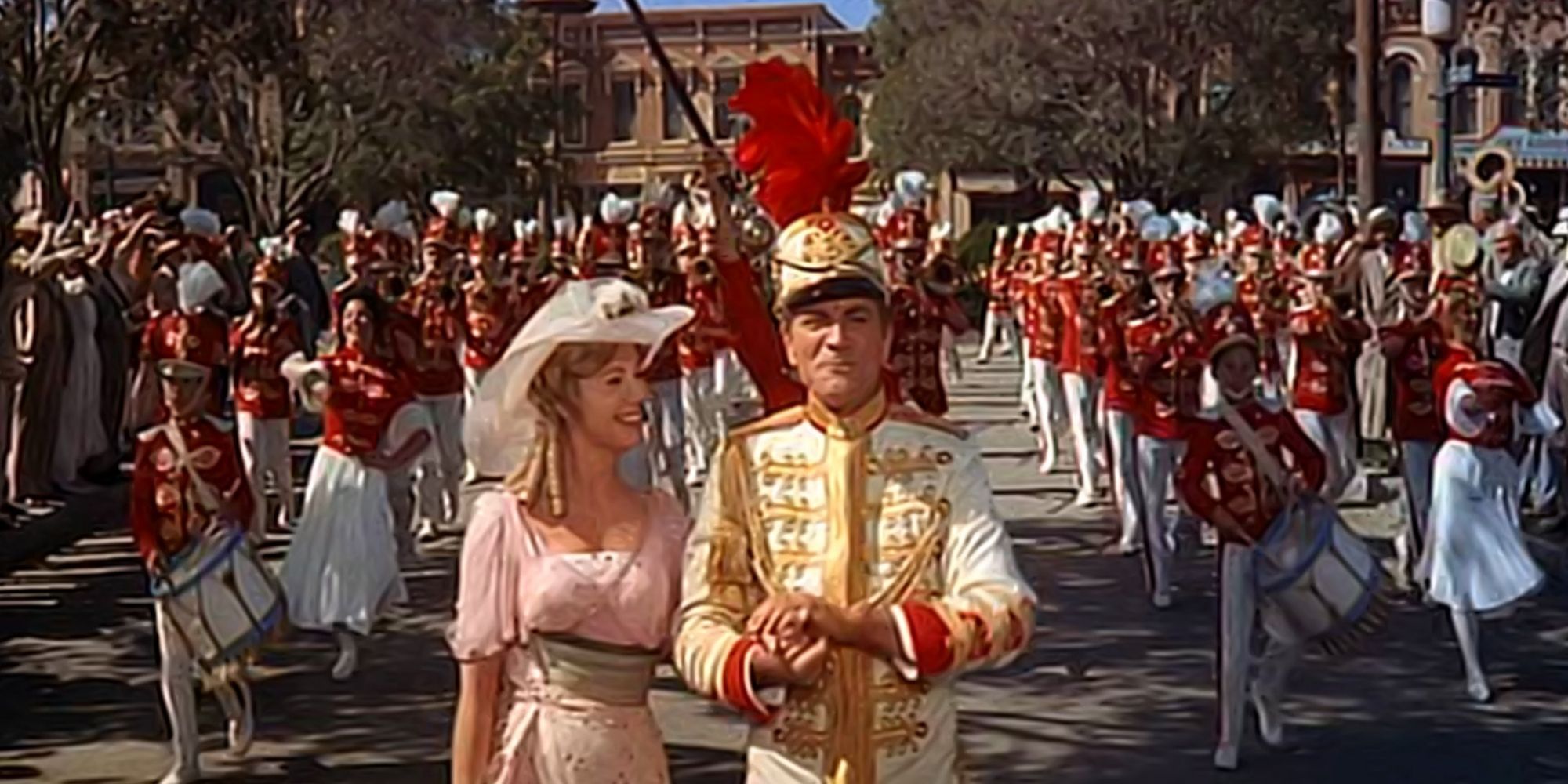 A musical performance involving a marching band from "The Music Man"