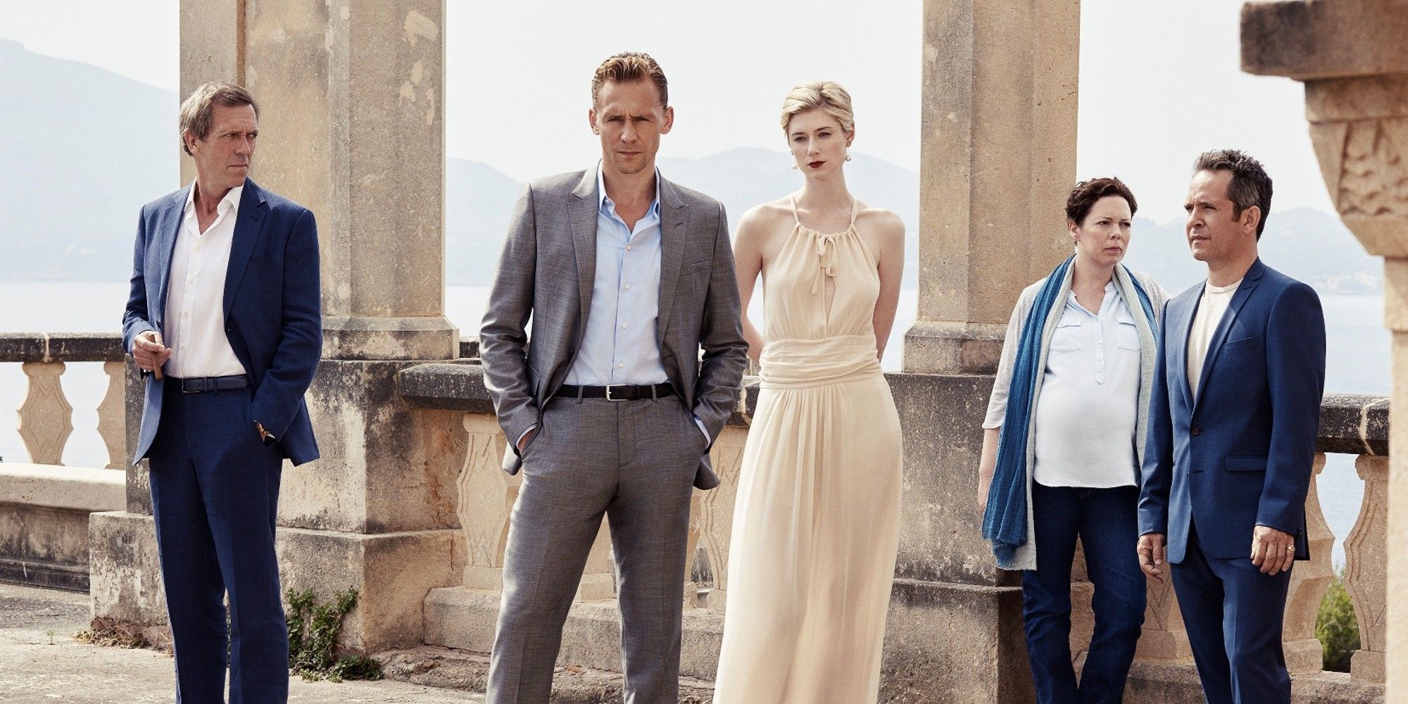Hugh Laurie, Tom Hiddleston, Elizabeth Debicki, Olivia Colman and Tom Holland as their characters in The Night Manager