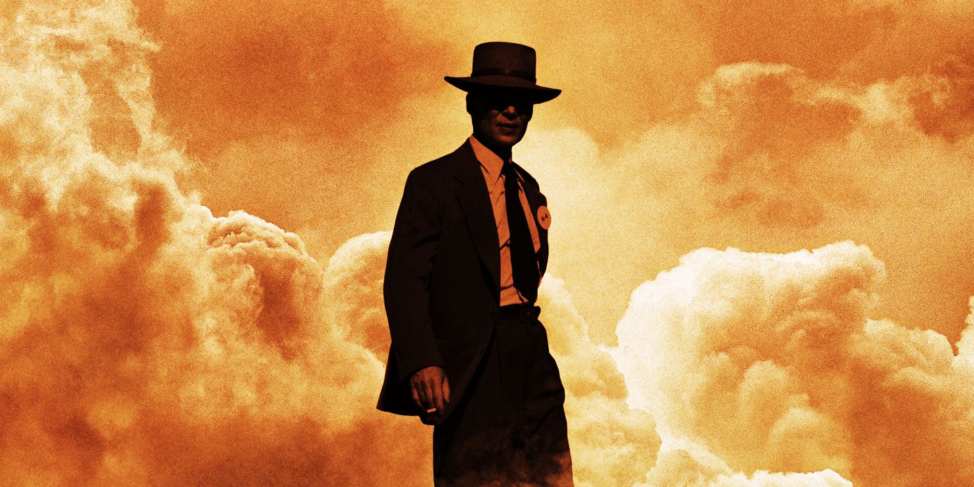 Cillian Murphy as Robert Oppenheimer in front of a massive explosion