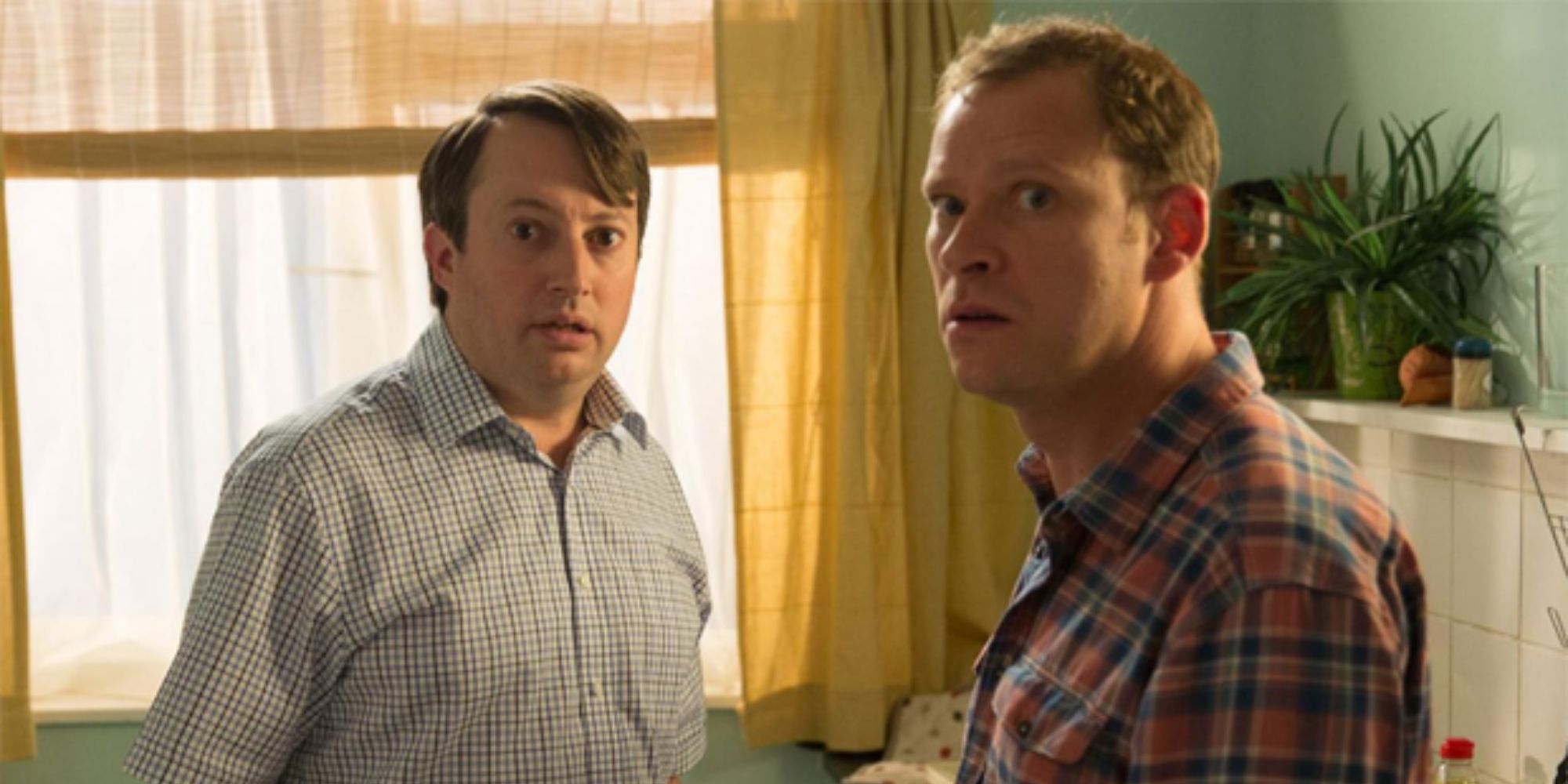 Robert Webb and David Mitchell with open mouths in Peep Show