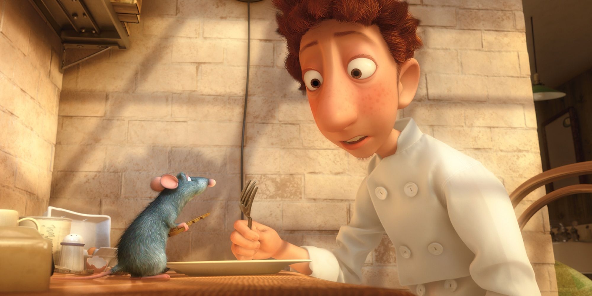 Remy and Linguini talking in the kitchen in 'Ratatouille'