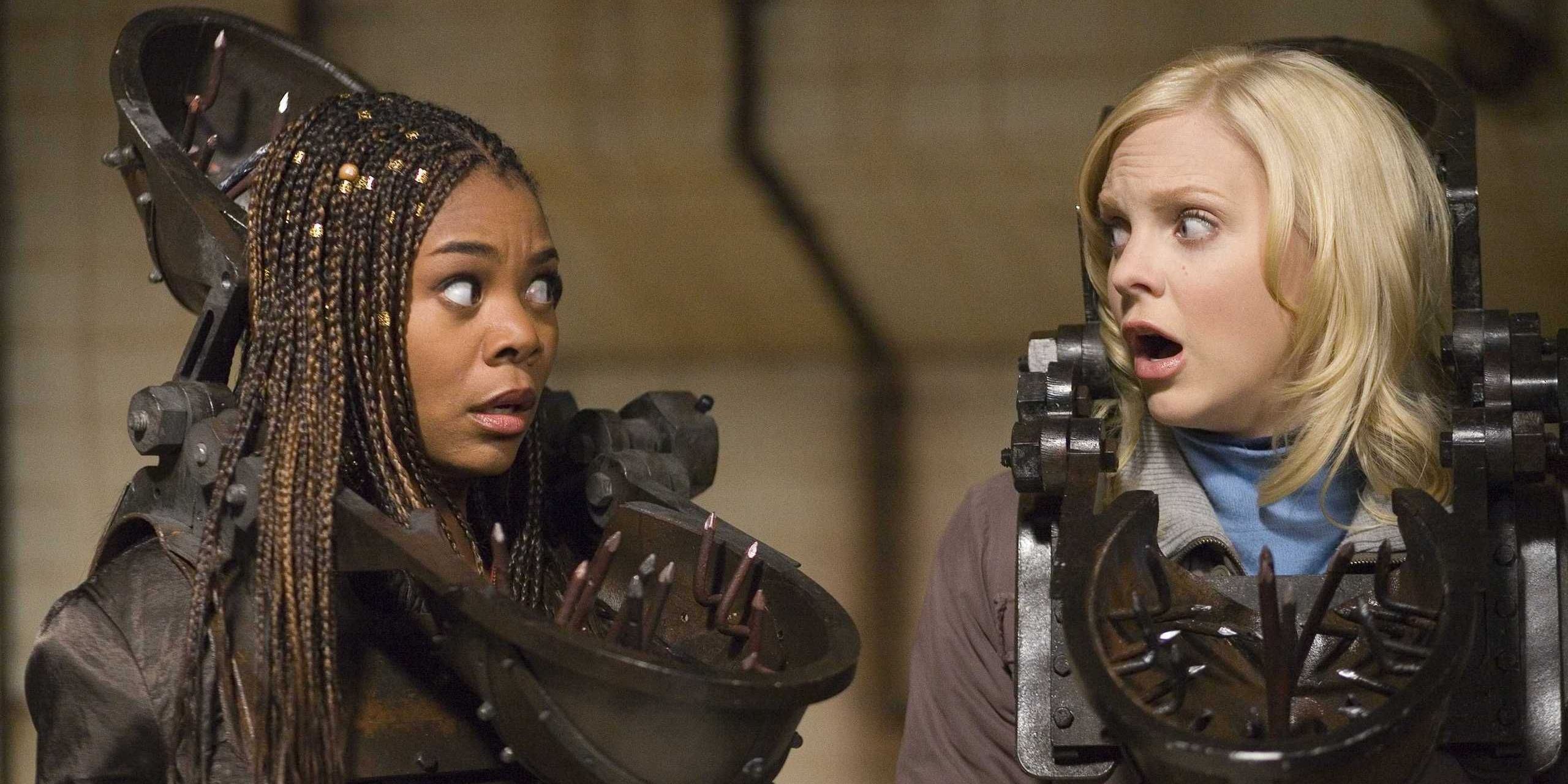 Brenda and Cindy wearing Saw-like traps on their necks and looking shocked in Scary Movie 4.