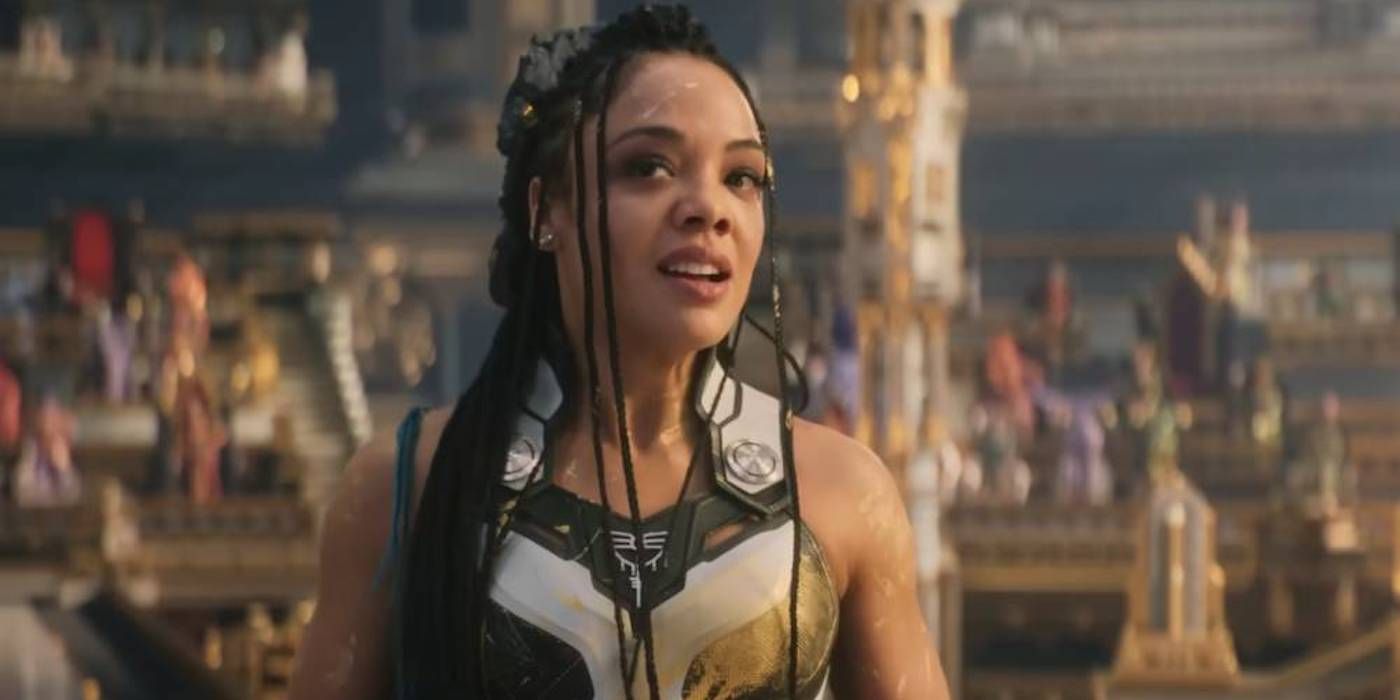 Tessa Thompson as Valkyrie addressing a room full of gods in Omnipotence City in Thor: Love and Thunder