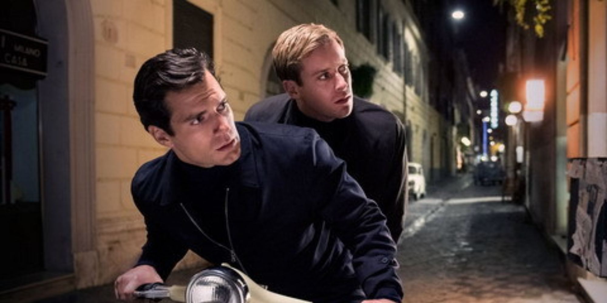 Napoleon Solo (Henry Cavill) on vespa with Ilya Kuryakin (Armie Hammer) in &lsquo;The Man From U.N.C.L.E.&rsquo; (2015)