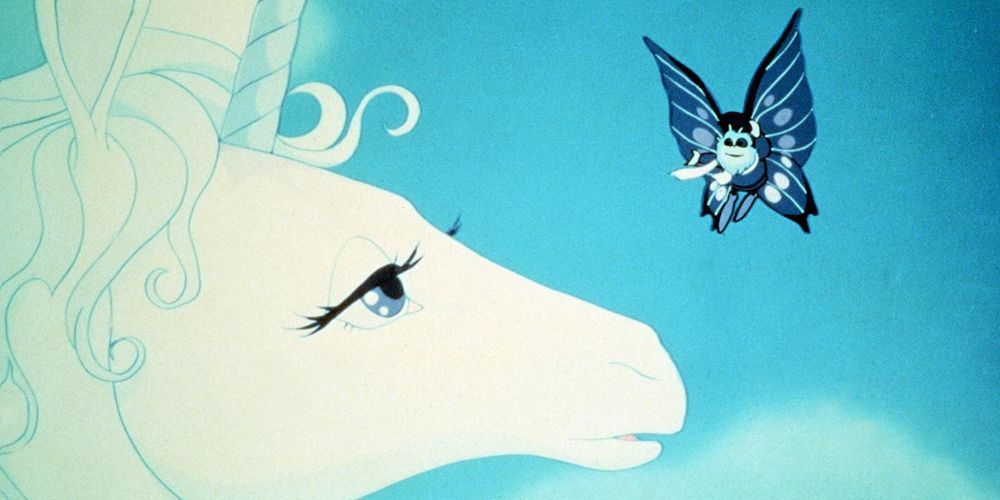 The unicorn talks to a butterfly in The Last Unicorn
