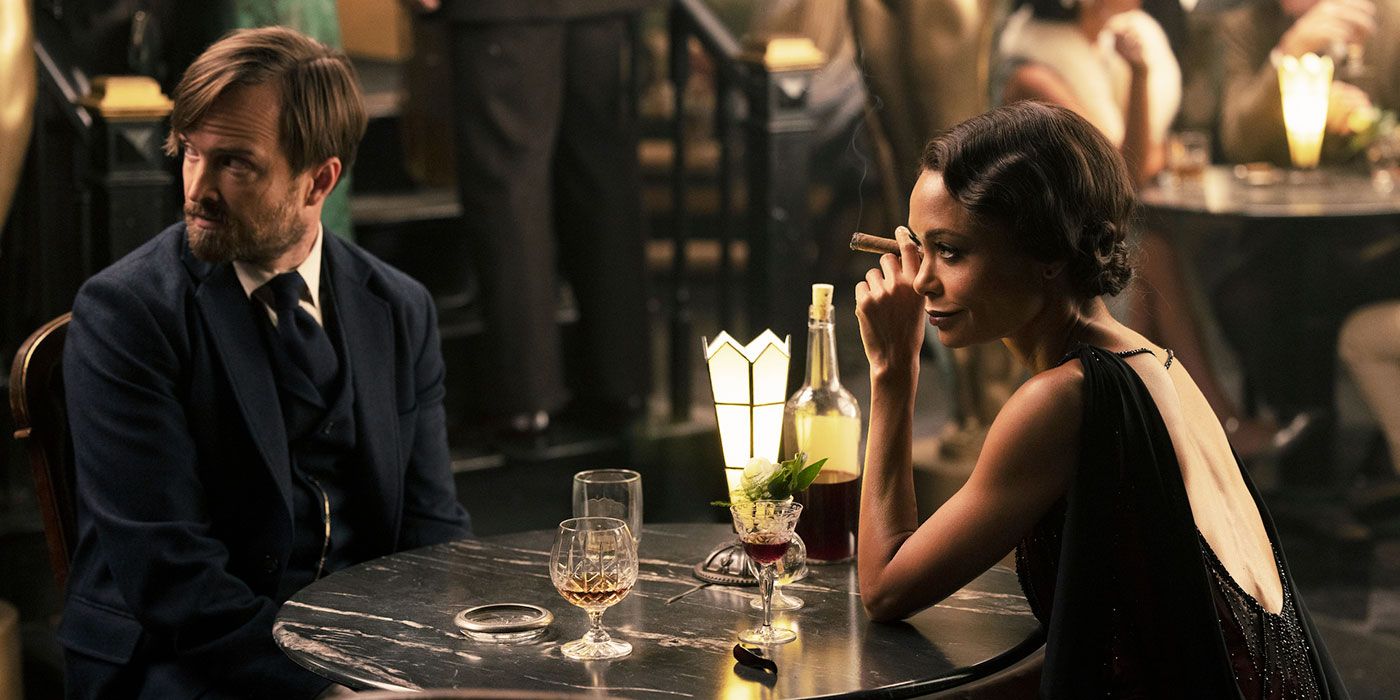 Maeve, played by Thandiwe Newton, and Caleb, played by Aaron Paul, having dinner together in Westworld
