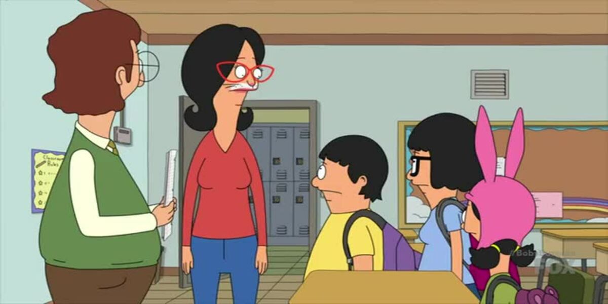 Linda, Gene, Tina, Louise, and Mr. Frond at school in Bob's Burgers