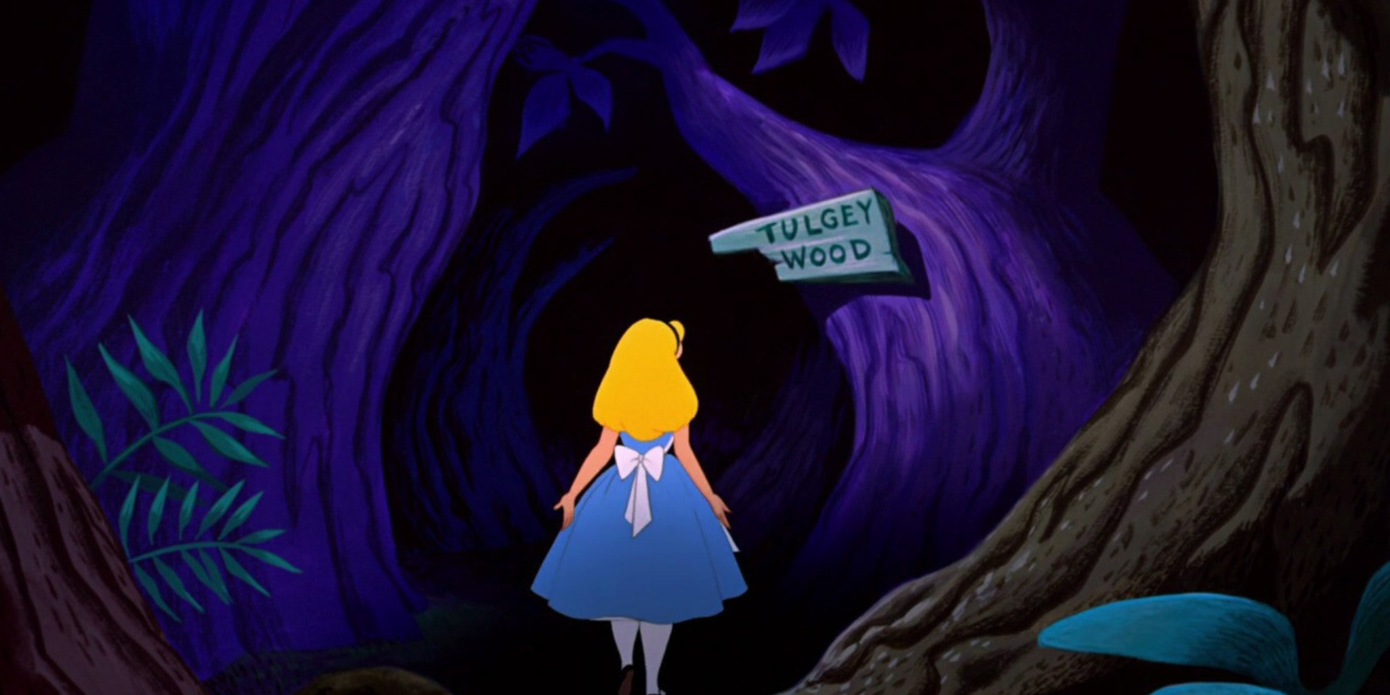Alice walking into Tulgey Woods in Alice in Wonderland