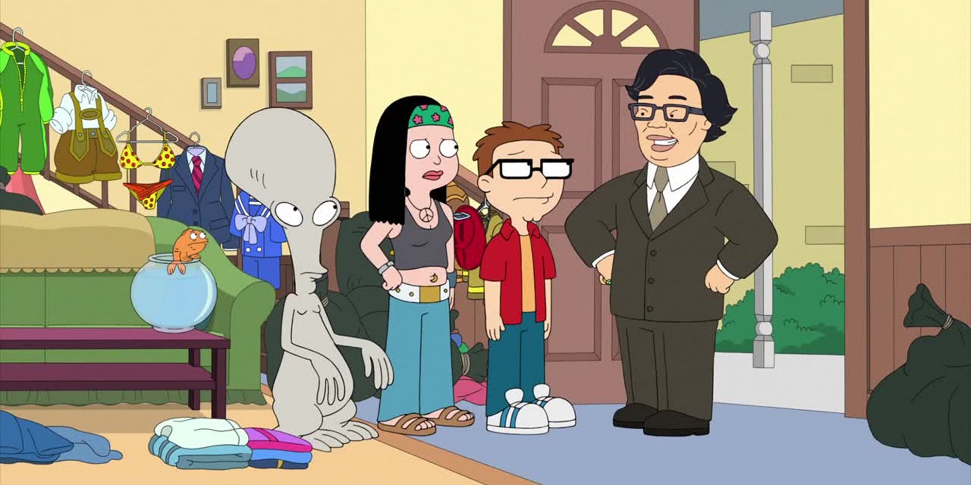 an alien, a hippie girl, a guy with glasses, and a Chinese billionaire standing at the door
