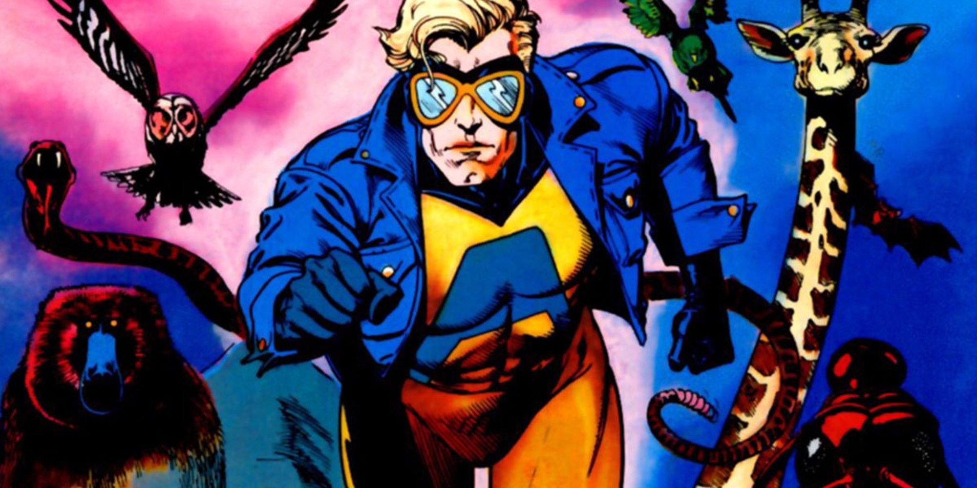 Animal Man in an action pose, with animals following him