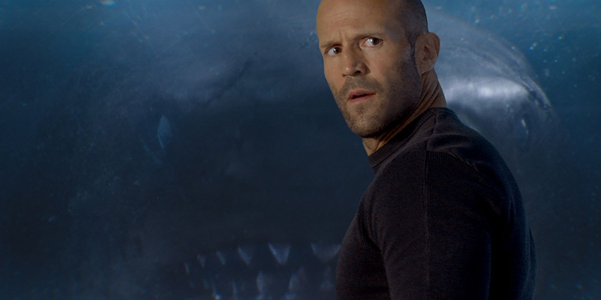 Jonas Taylor with the megaladon behind him in The Meg.