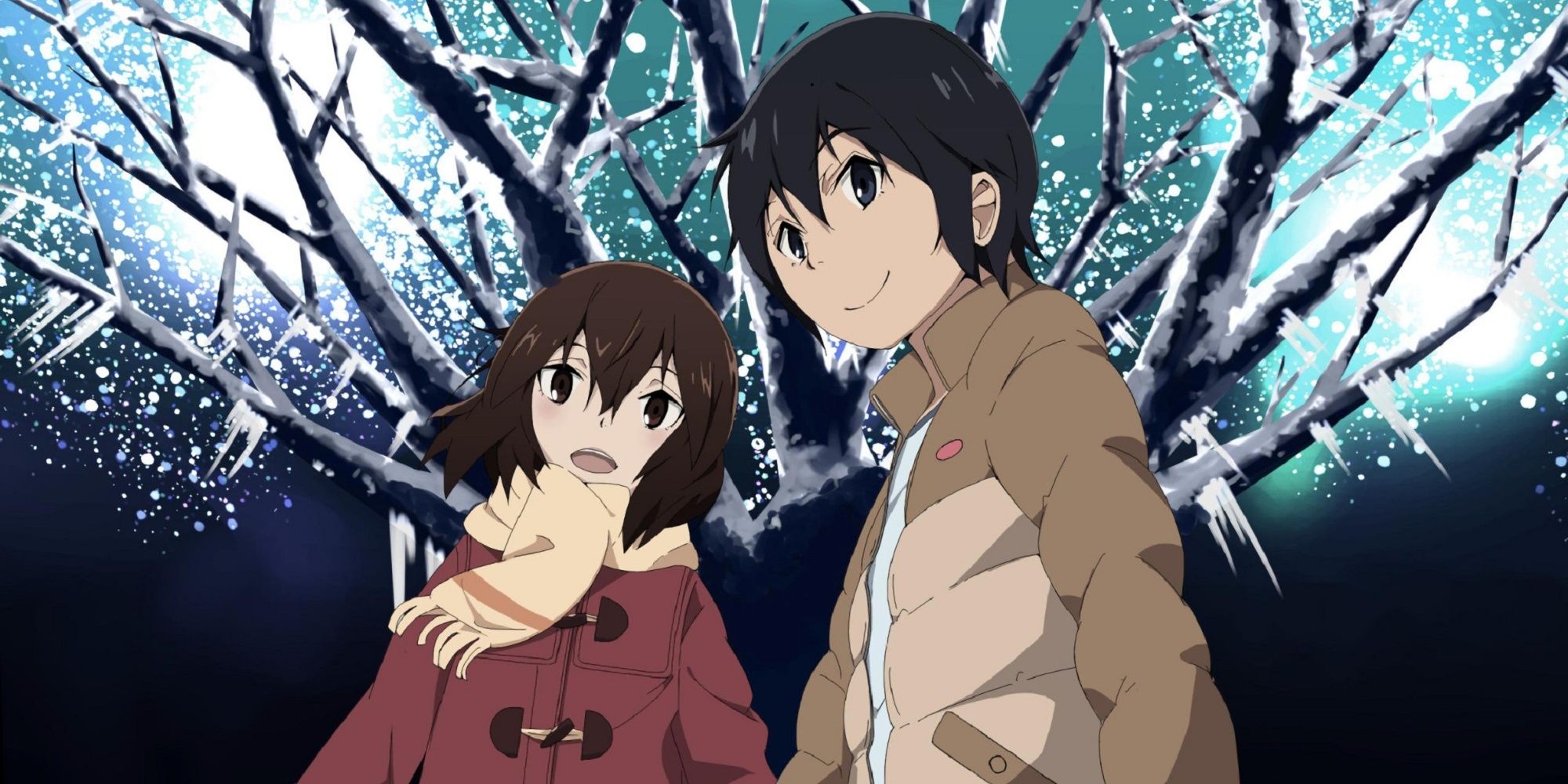 Satoru and Kayo in front of a snowy tree in 'Erased.'