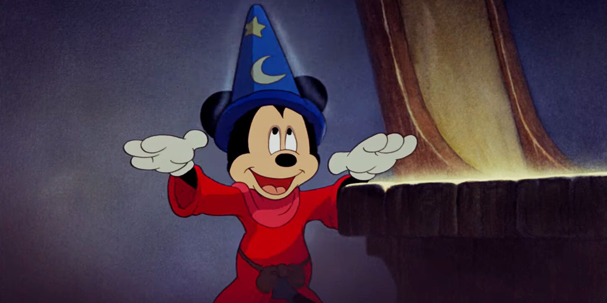 Mickey smiling in the Sorcerer's Apprentice segment of Fantasia