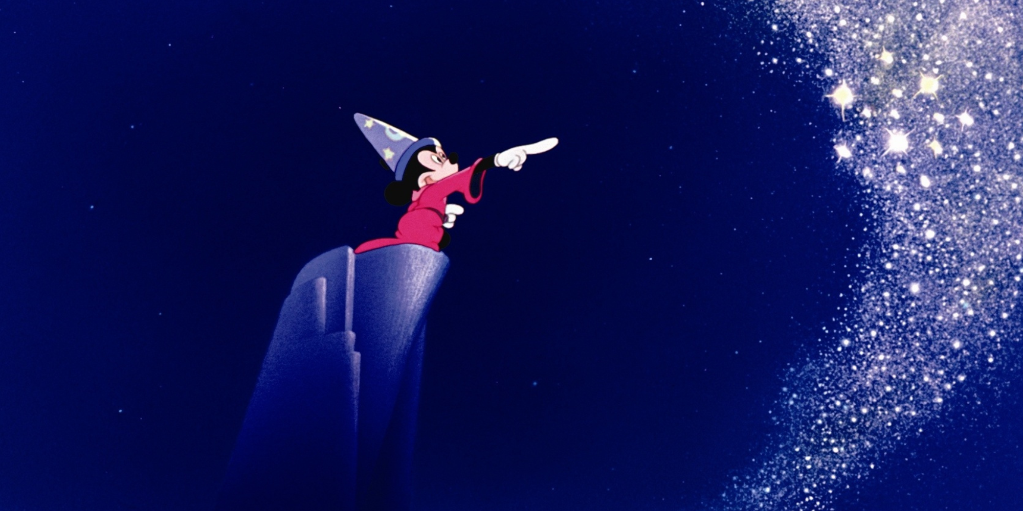 Magician apprentice Mickey casting a spell atop a mountain in 'Fantasia'