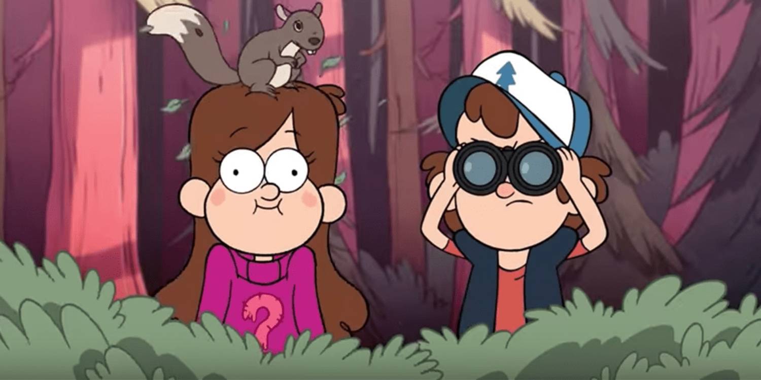 Dipper ve Mabel 'Gravity Falls'ta çalıların arasından izliyor
