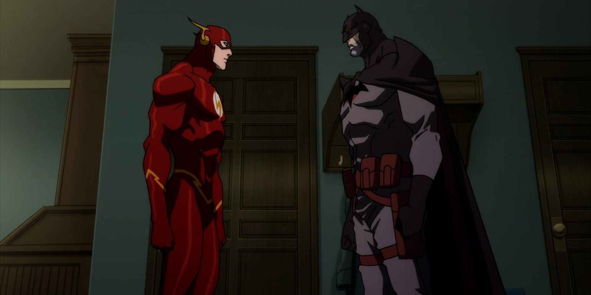 Justin Chambers as The Flash facing Kevin McKidd as Batman (Thomas Wayne) in 'Justice League: The Flashpoint Paradox'