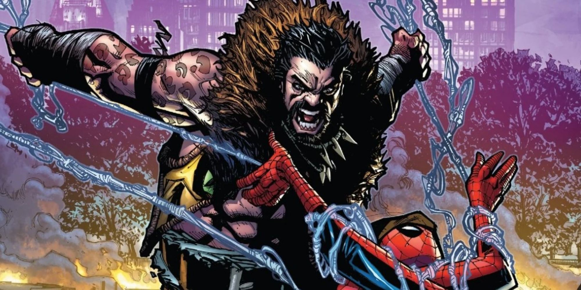 Kraven fights Spider-Man in the park.