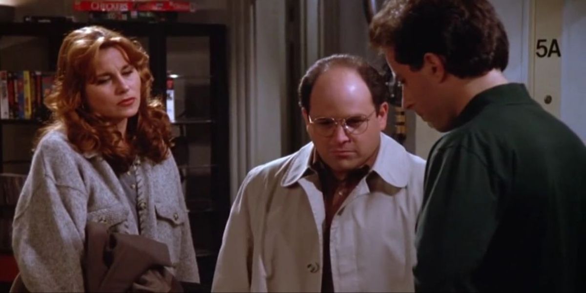 Jerry Seinfeld and Jason Alexander as Jerry and George on 'Seinfeld' with guest star Jennifer Coolidge.