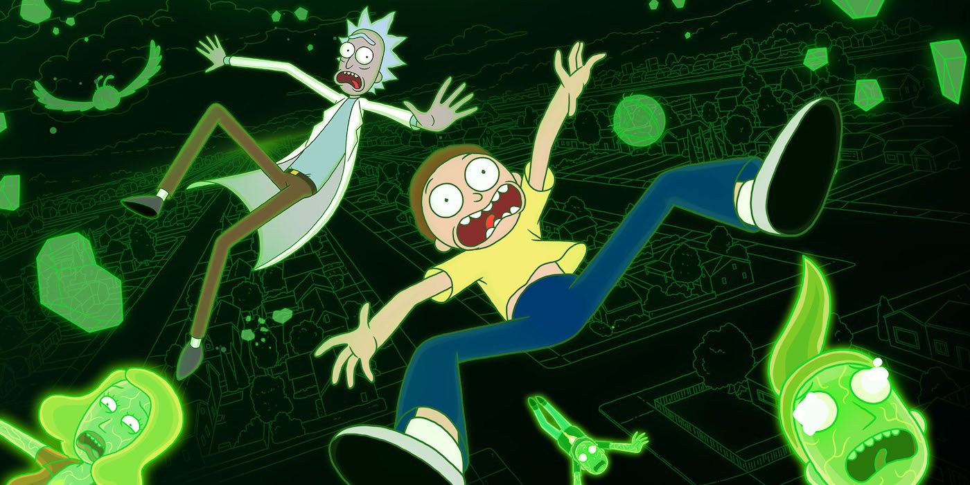 Rick and Morty falling through the air
