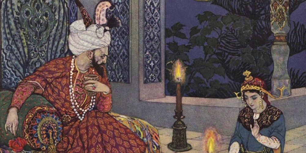 Scheherazade tells her stories to King Shahryar