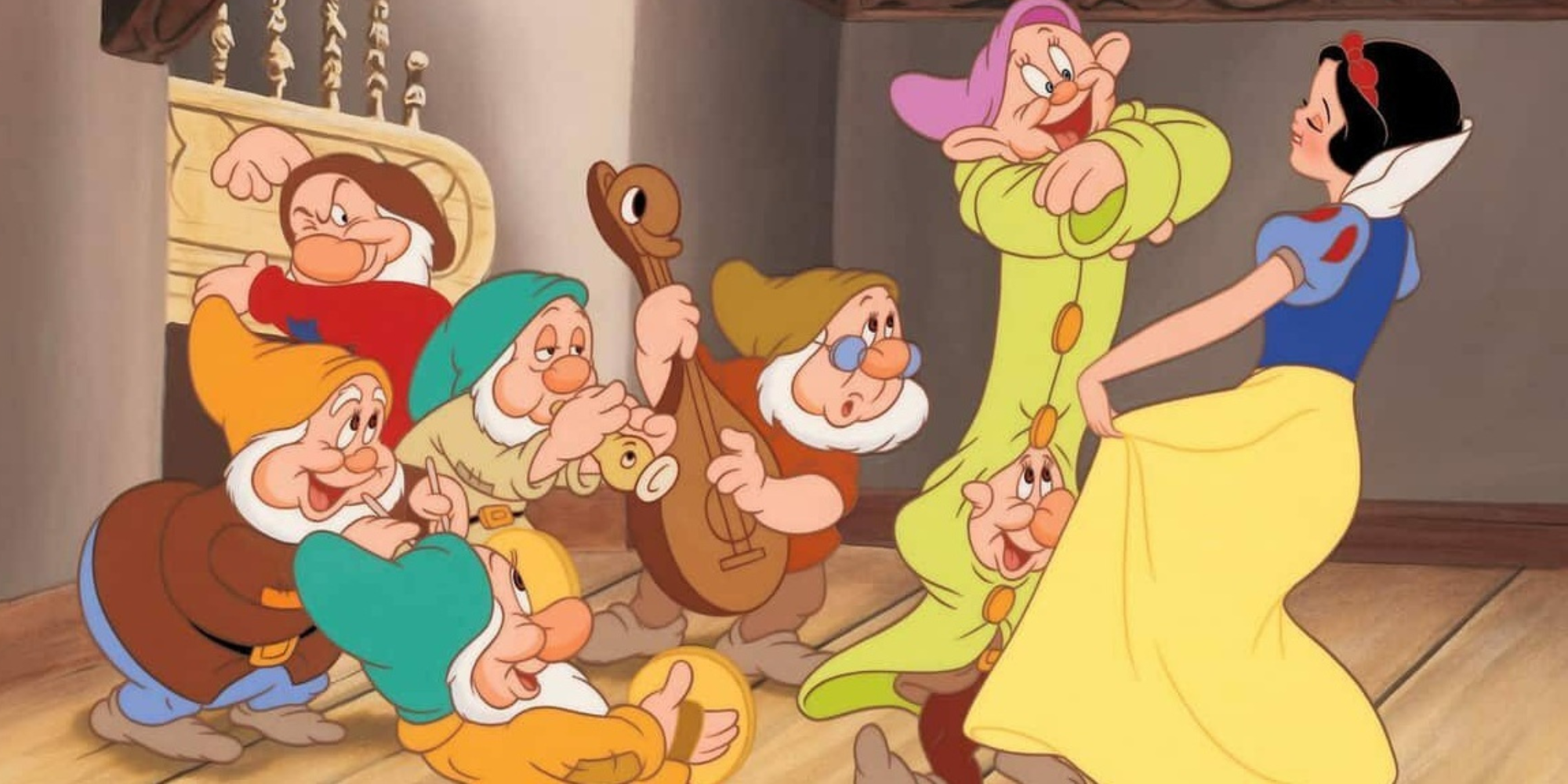 Snow White dancing with the seven dwarfs 