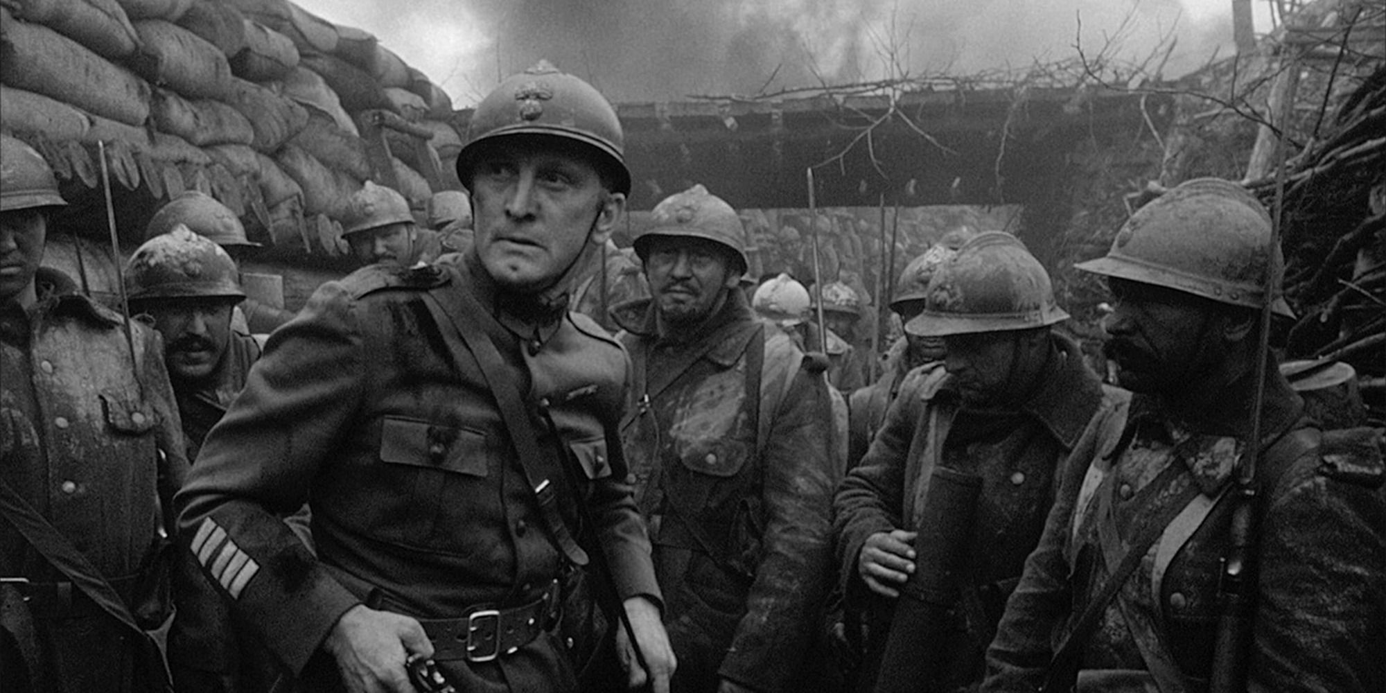 WWI soldiers in a dirty trench in Paths of Glory