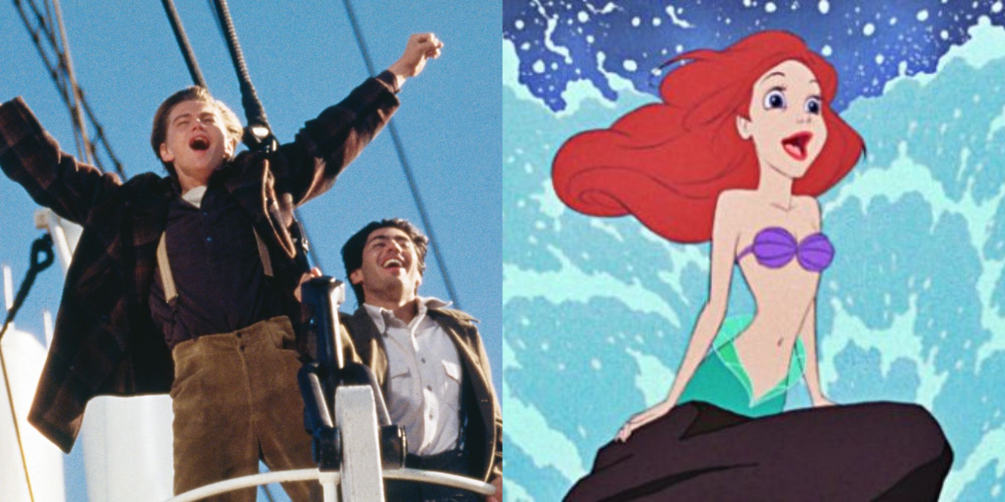 Split image of Jack Dawson in Titanic and Ariel in The Little Mermaid