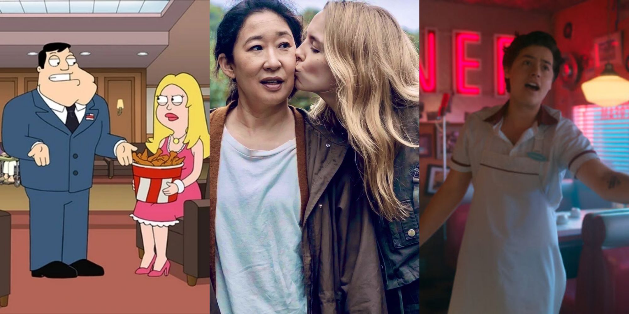 Stills from American Dad, Killing Eve, and Riverdale