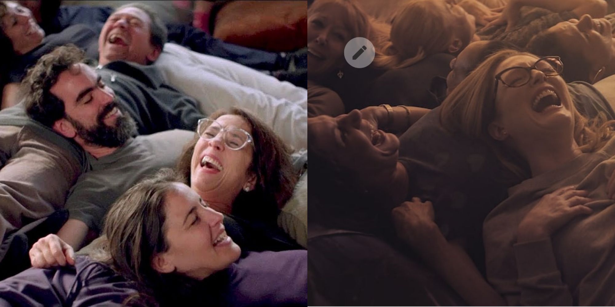 Two pictures of people lying together, laughing
