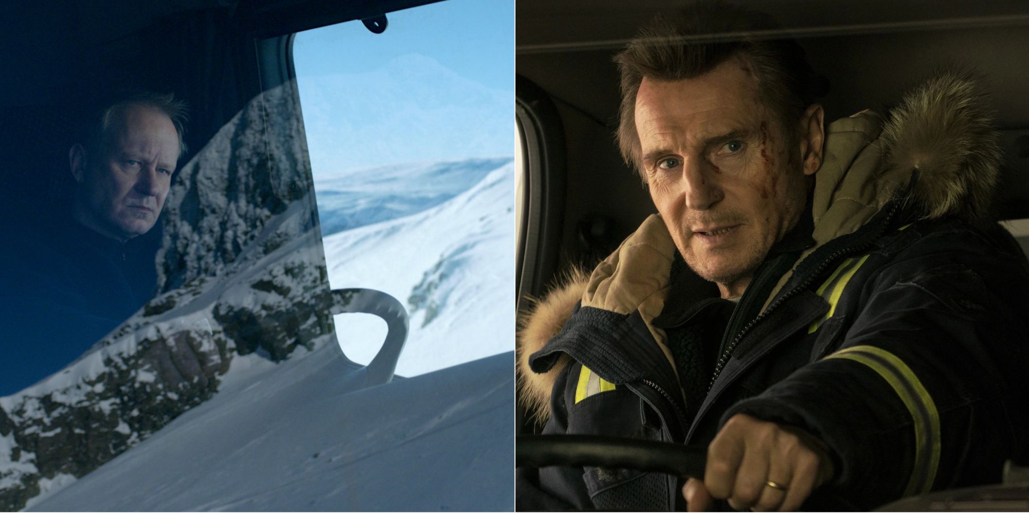 Stellan Skarsgård and Liam Neeson driving a snow truck