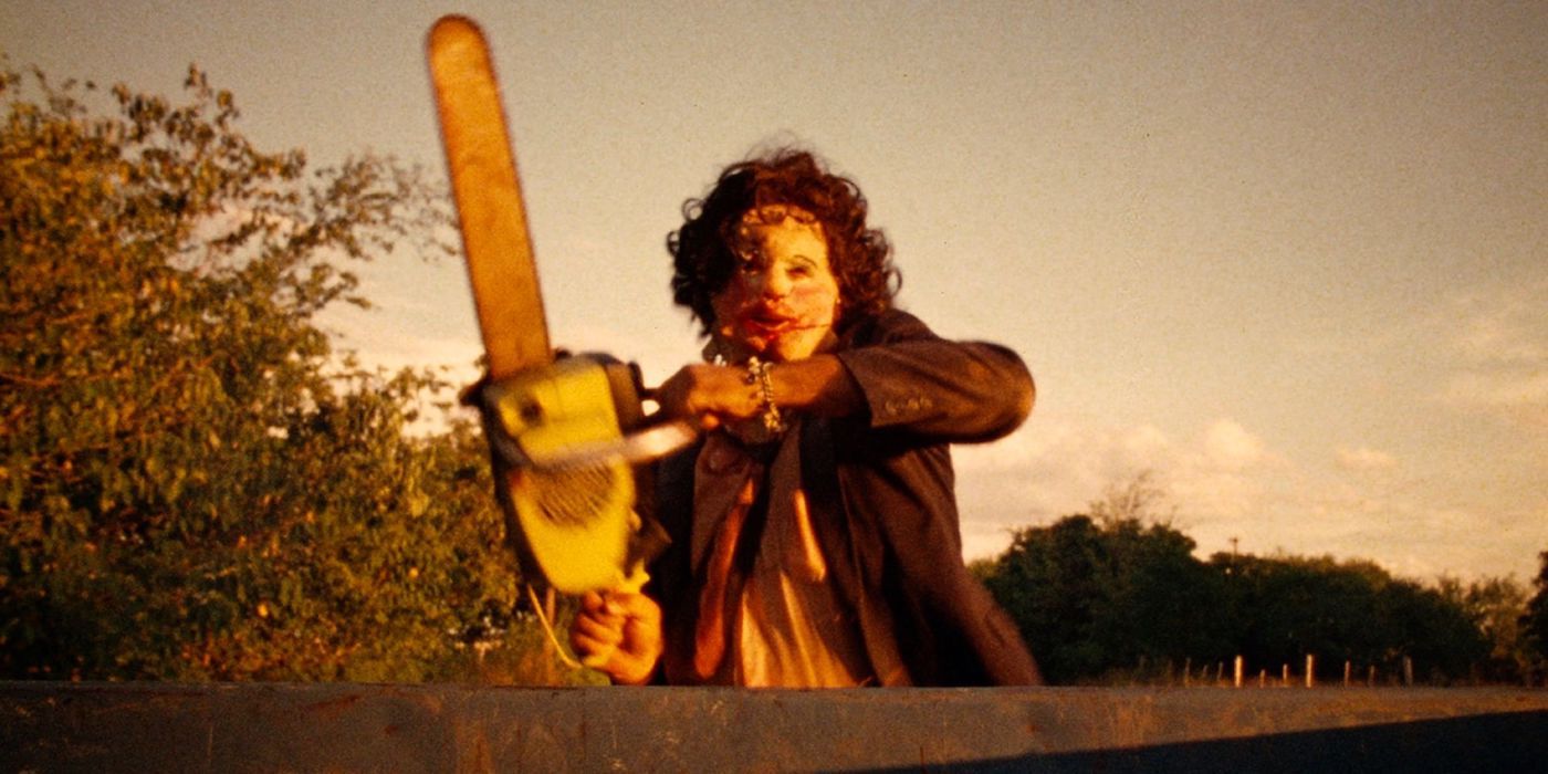 A person holding a chainsaw in Texas Chainsaw Massacre.