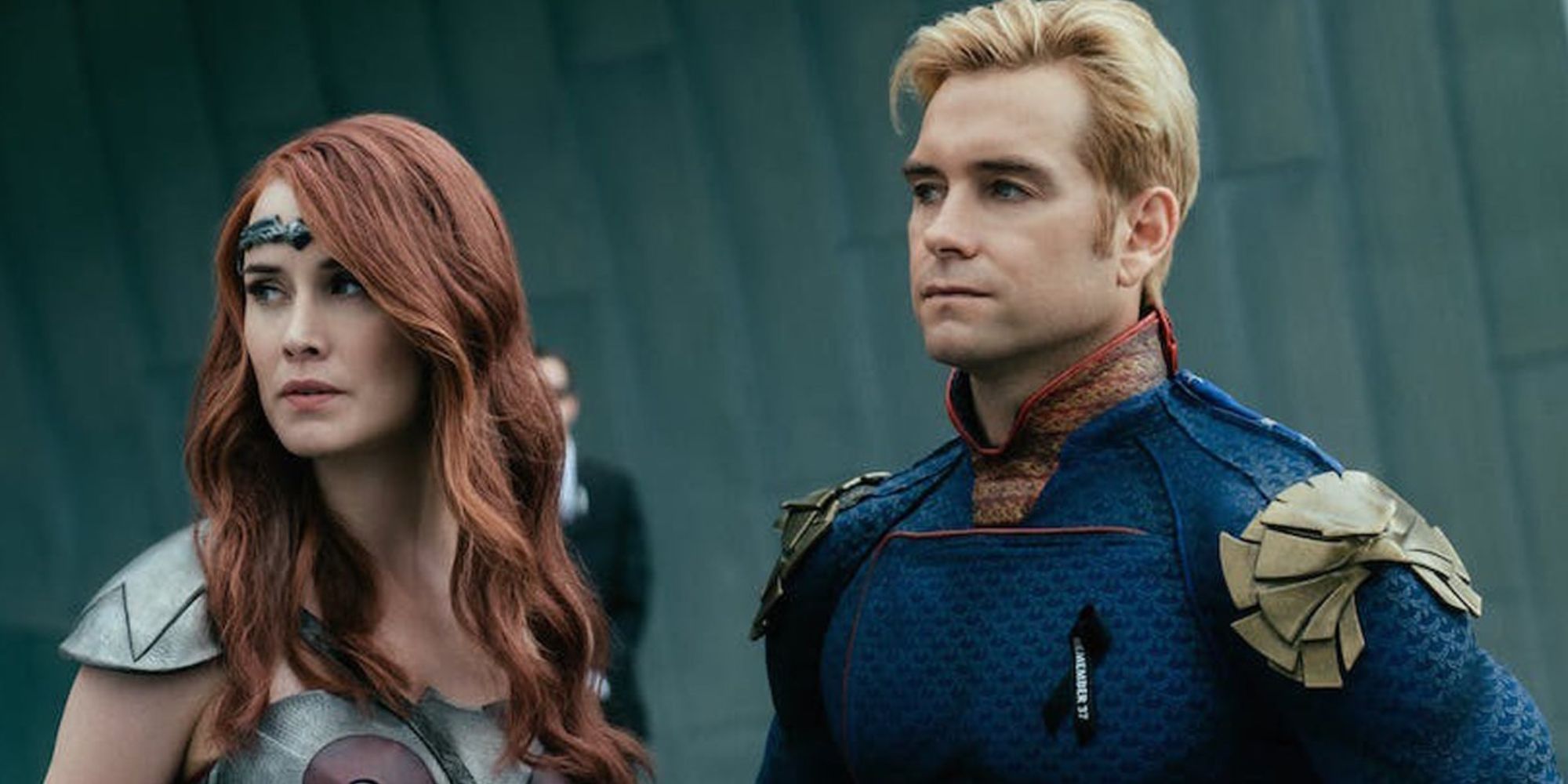 Antony Starr as Homelander and Dominique McElligott as Queen Maeve in The Boys