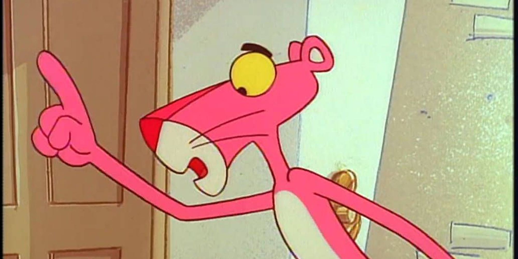 The pink panther is pointing the finger at someone on the left