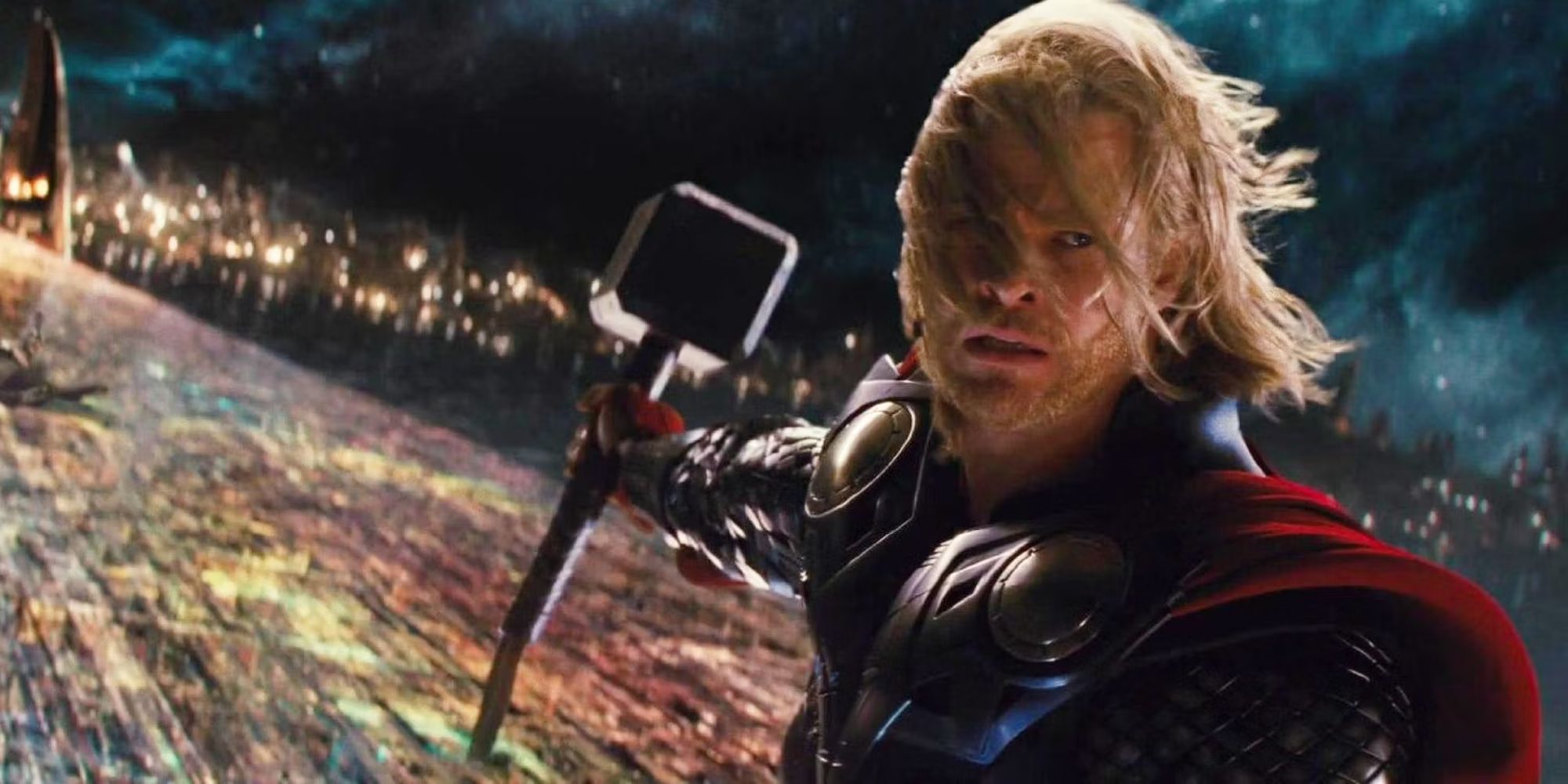 Thor on the Bifrost holding Mjolnir and looking back while wind blows on his hair in Thor 2011