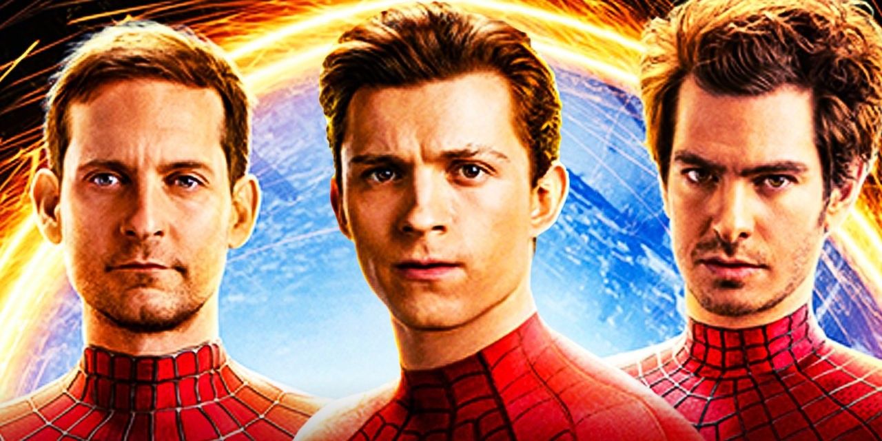 Tom Holland, Andrew Garfield, and Tobey Maguire as Spider-Men in Spider-Man: No Way Home (2021))
