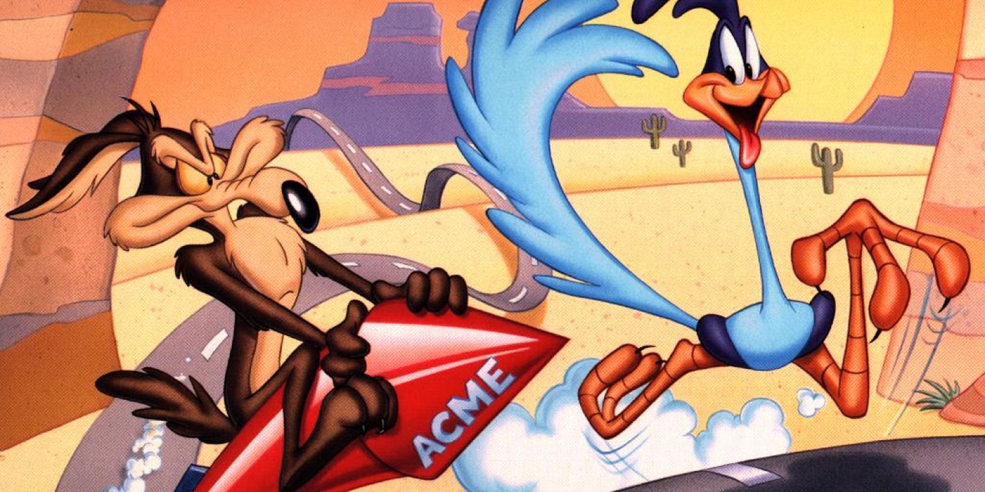 Wile E Coyote chasing the Road Runner atop an ACME rocket