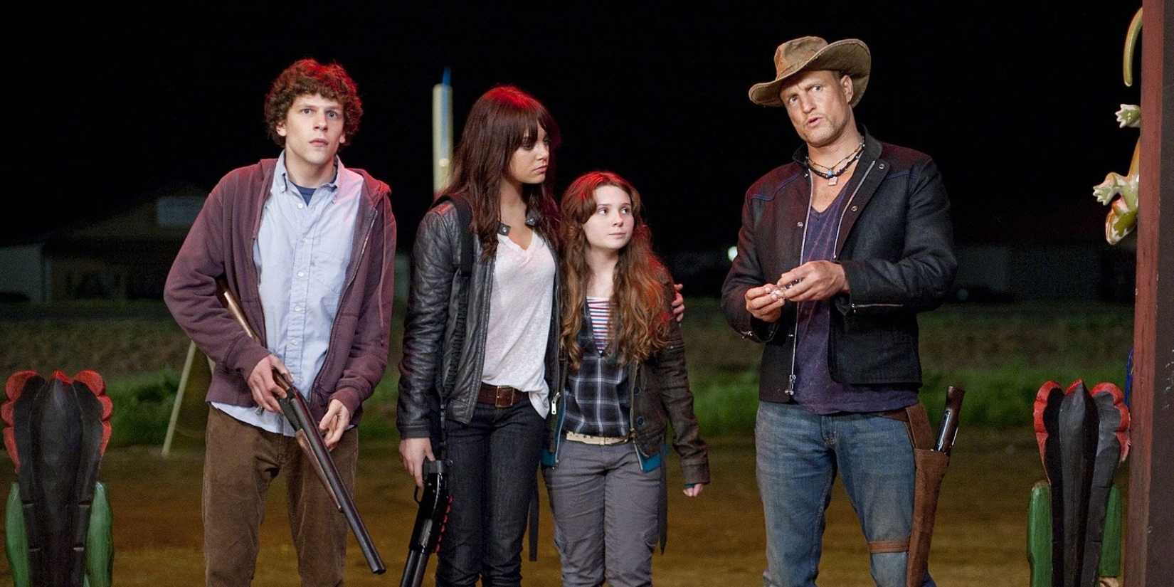 Jesse Eisenberg as Columbus, Emma Stone as Wichita, Abigail Breslin as Little Rock, and Woody Harrelson as Tallahassee in 'Zombieland', staring at a grocery store in Zombieland