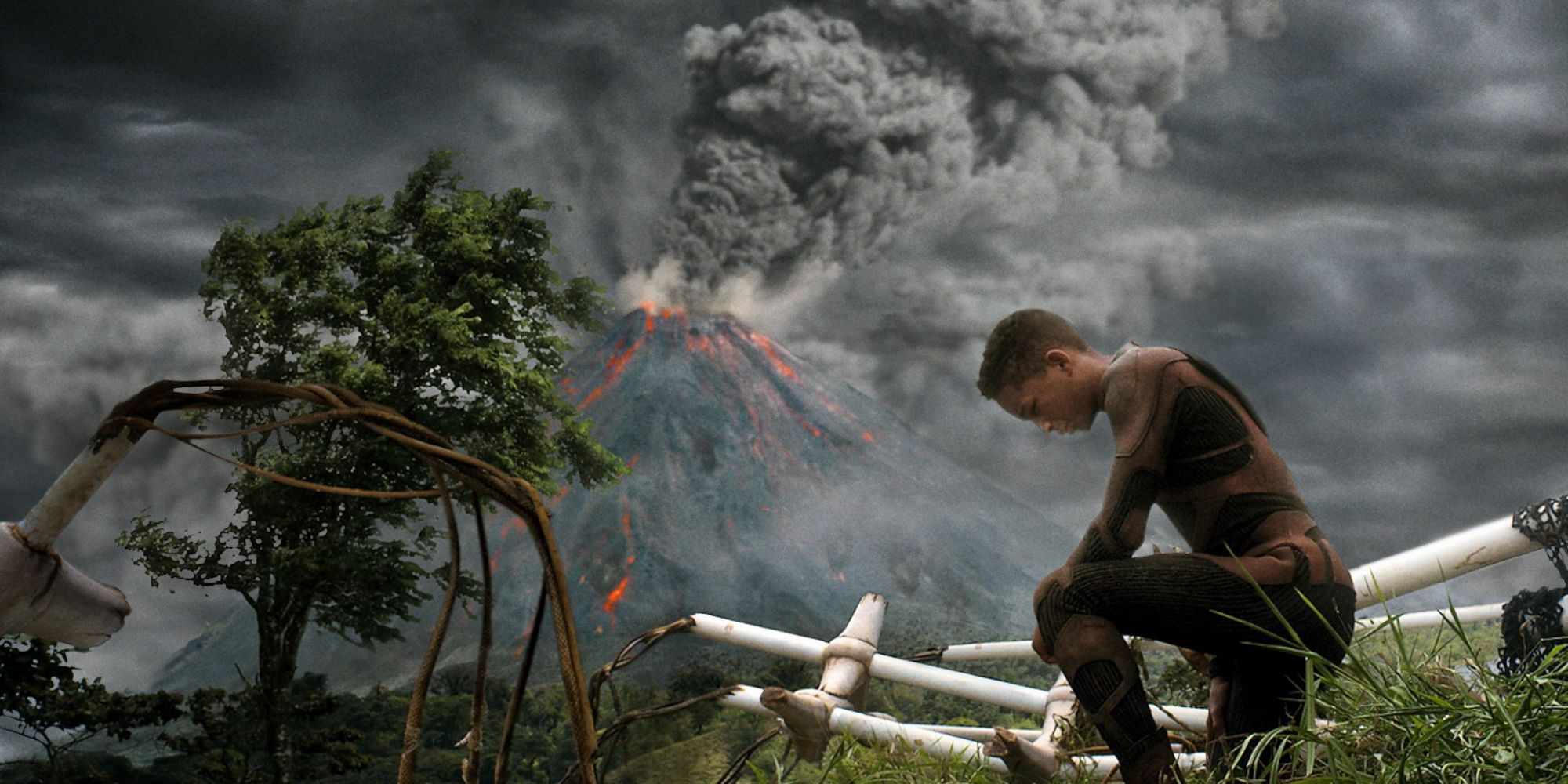 Kitai Raige s'agenouille parmi les décombres sur fond de volcan