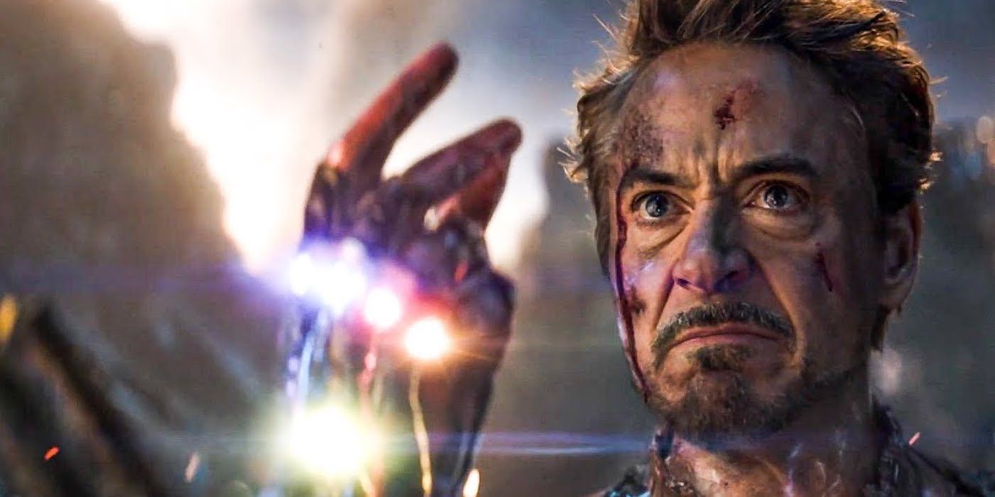 Robert Downey Jr. as Tony Stark about to snap his fingers in Avengers: Endgame