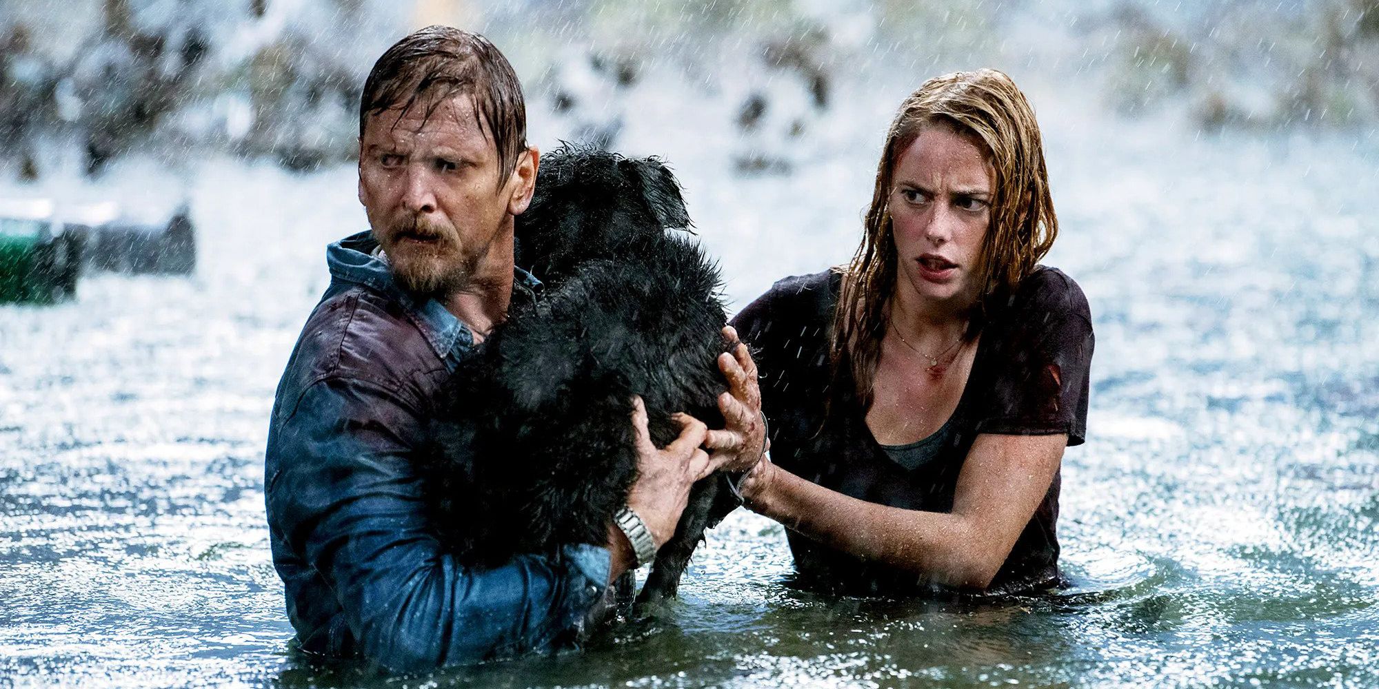 Kaya Scodelario and Barry Pepper holding a dog in Crawl
