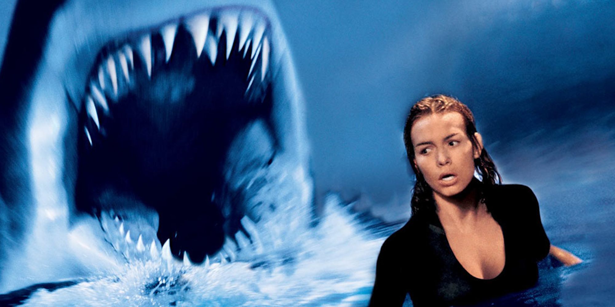 A woman with a shark behind her