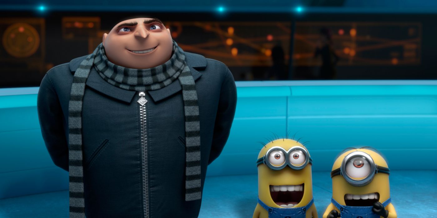 Un Gru sonriente (con la voz de Steve Carell) se encuentra junto a los minions en 