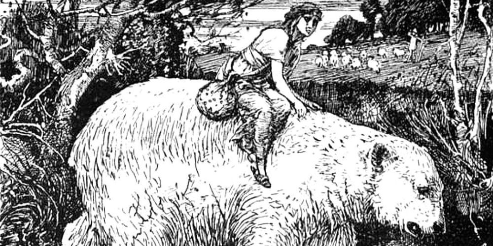 The peasant girl riding on the back of the white bear