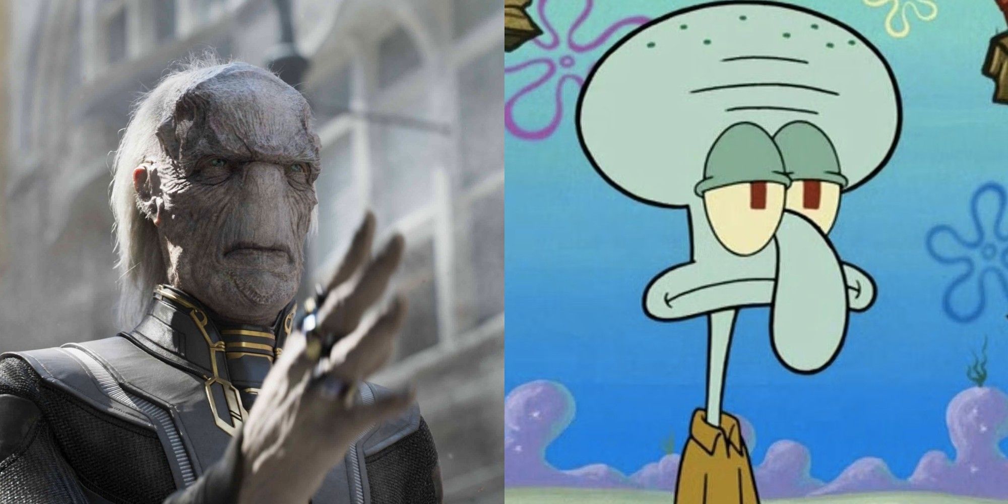 Left to right: Ebony Maw in Avengers: Infinity War and Squidward in Spongebob
