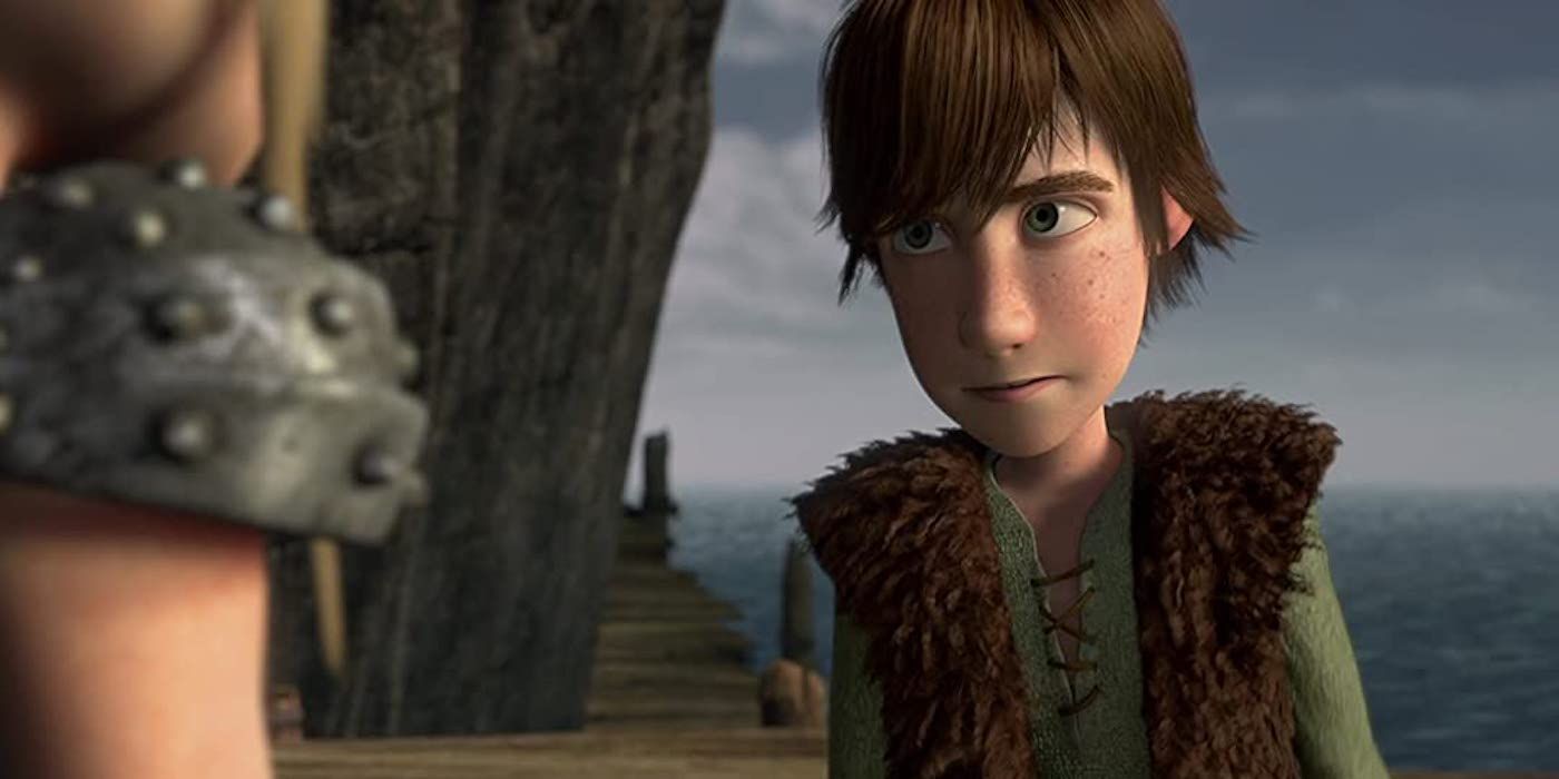 Hiccup with an embarrassed expression looking at someone in How to Train Your Dragon.
