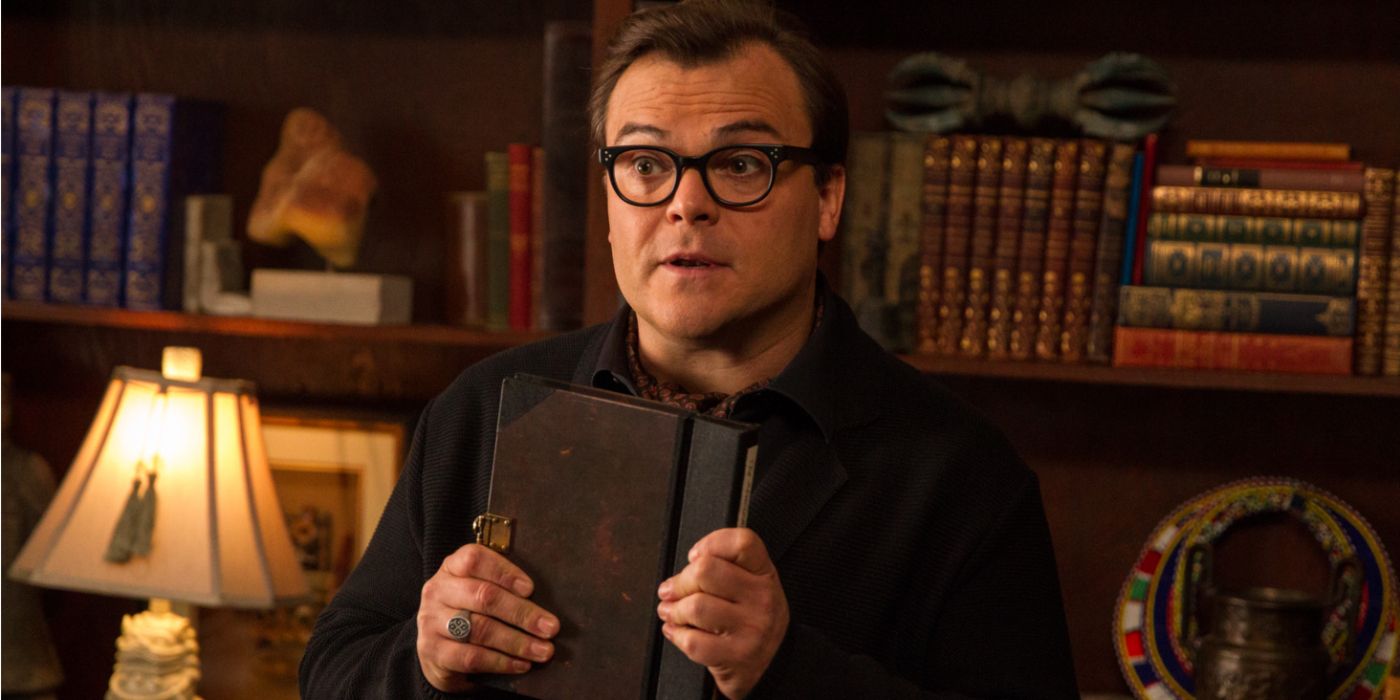 Jack Black as R.L Stine holding a book in 2015's Goosebumps