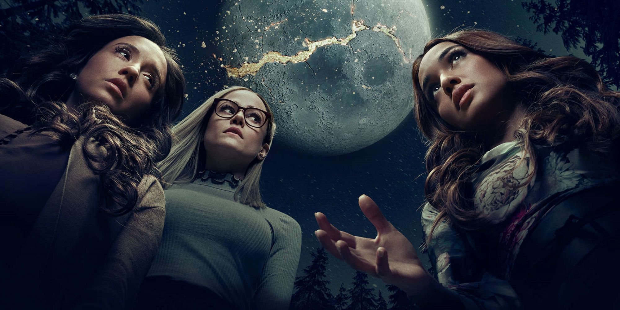 'Magicians' promotional image showing Julia, Alice and Margo under the moon