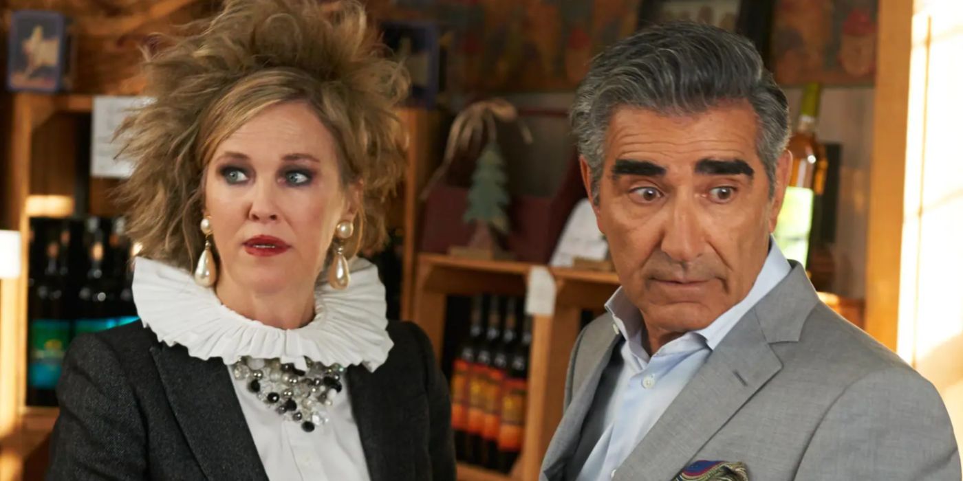 Moira and Johnny looking confused in Schitt's Creek