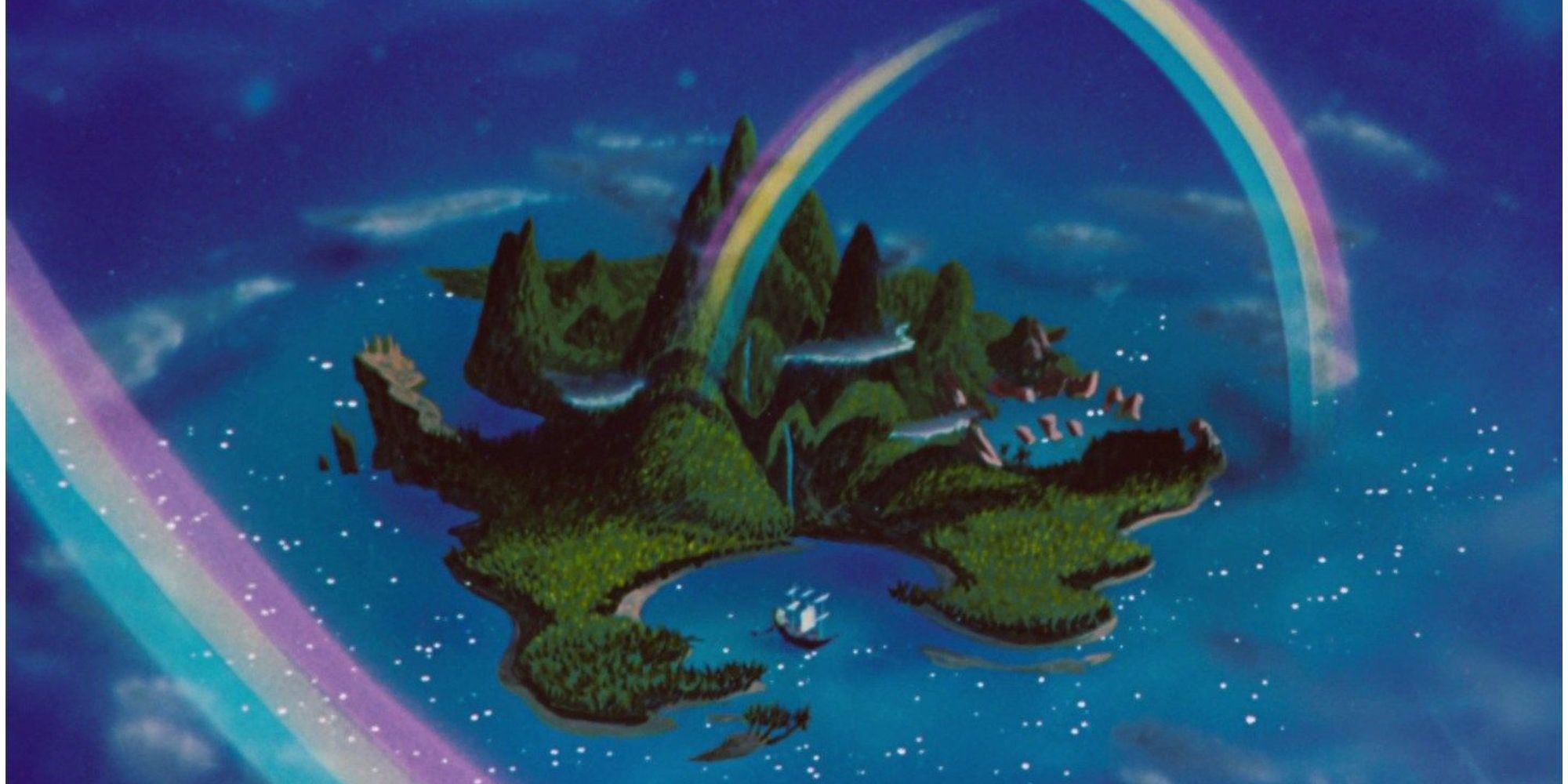 Rainbows reach out over the island of Neverland